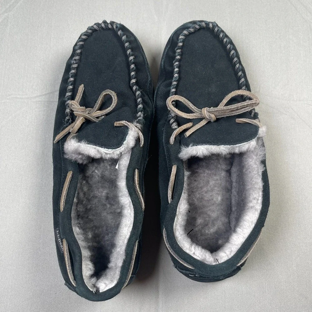 L.L.Bean Wicked Good Men's 11M Black Suede Shearling Moccasin Slippers